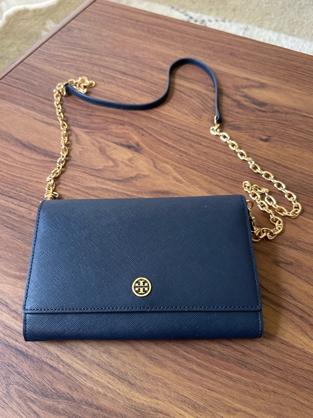 Tory Burch Navy Saffiano Leather Crossbody with Gold Chain